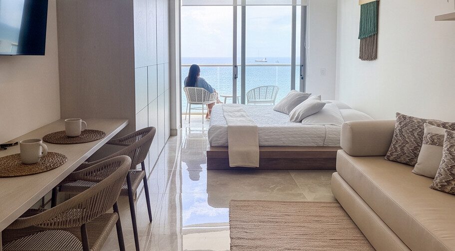 Sala y habitación con vista al mar
