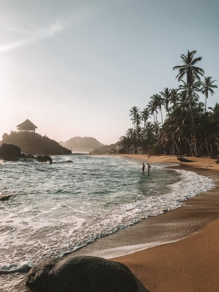 Playa con palmeras y olas al atardecer