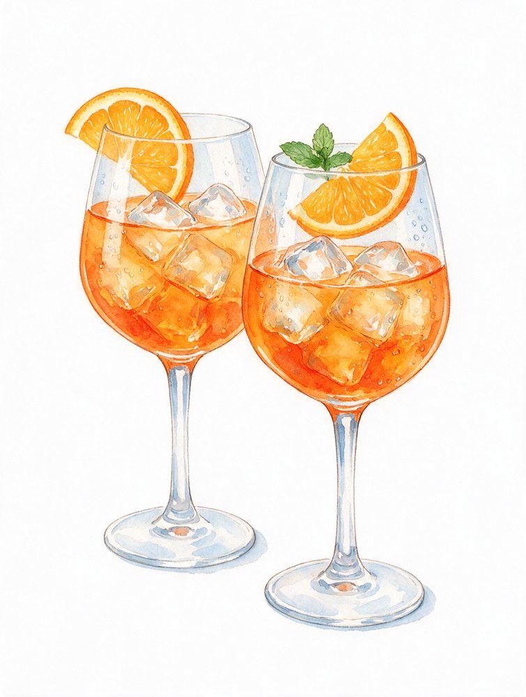 Ilustración en acuarela de dos Aperol spritz