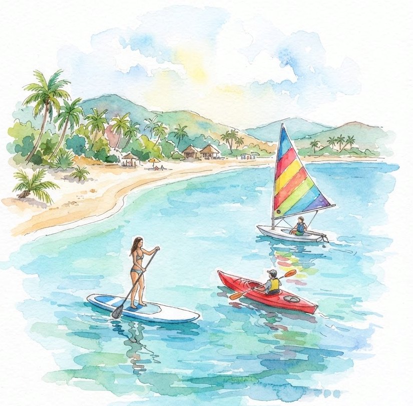 Ilustración en acuarela de paddle board, kayak y velero en el mar