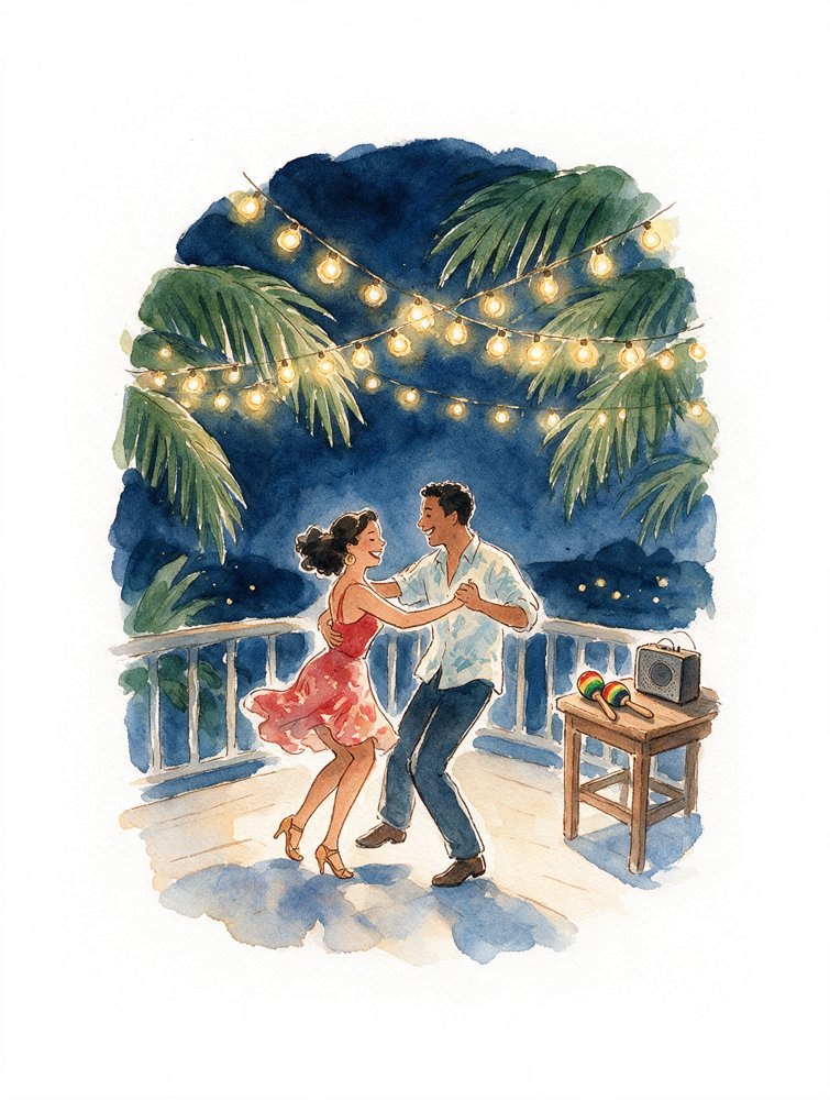 Ilustración en acuarela de una pareja bailando en una terraza de noche