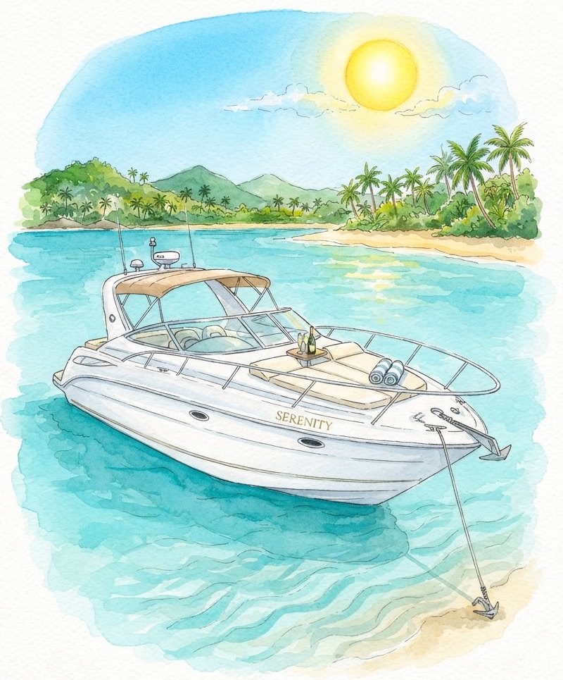 Ilustración en acuarela de una lancha de lujo en mar cristalino con sol intenso