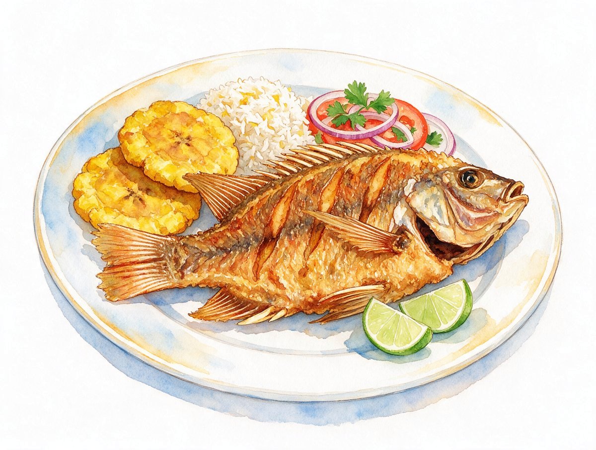 Ilustración en acuarela de un plato de pescado frito con patacones, arroz y ensalada